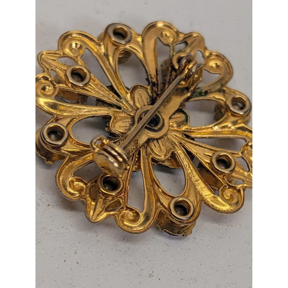 Vintage Religious Brooch Gold Tone Blue Enamel Aurora Borealis Rhinestone Pin